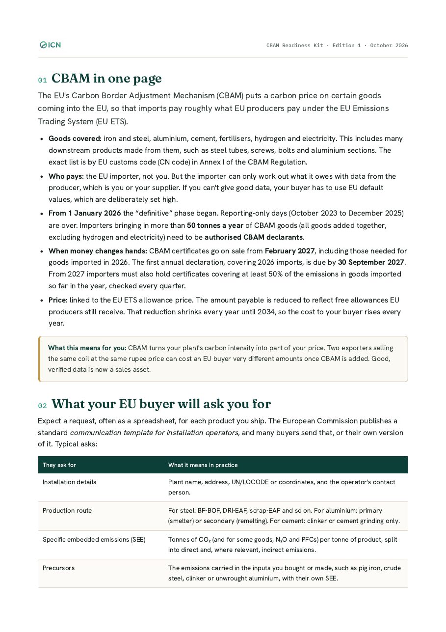 Page from the CBAM guide: CBAM in one page