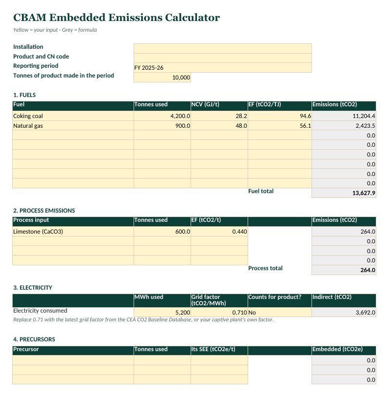 The main sheet of the CBAM Embedded Emissions Calculator (Excel)